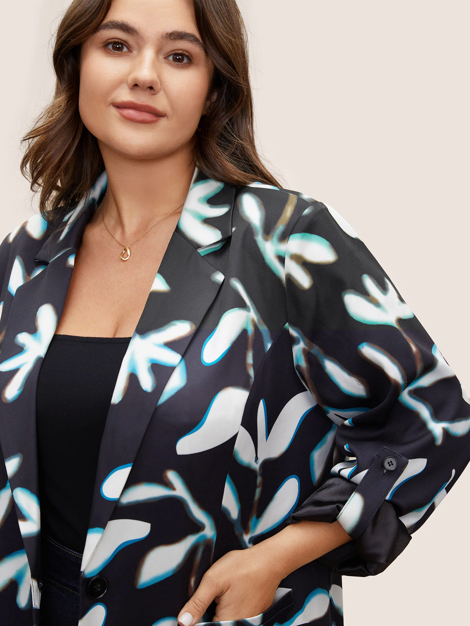 Plants Print Suit Collar Button Up Tab Sleeve Blazer Plants Print Suit Collar Button Up Tab Sleeve Blazer