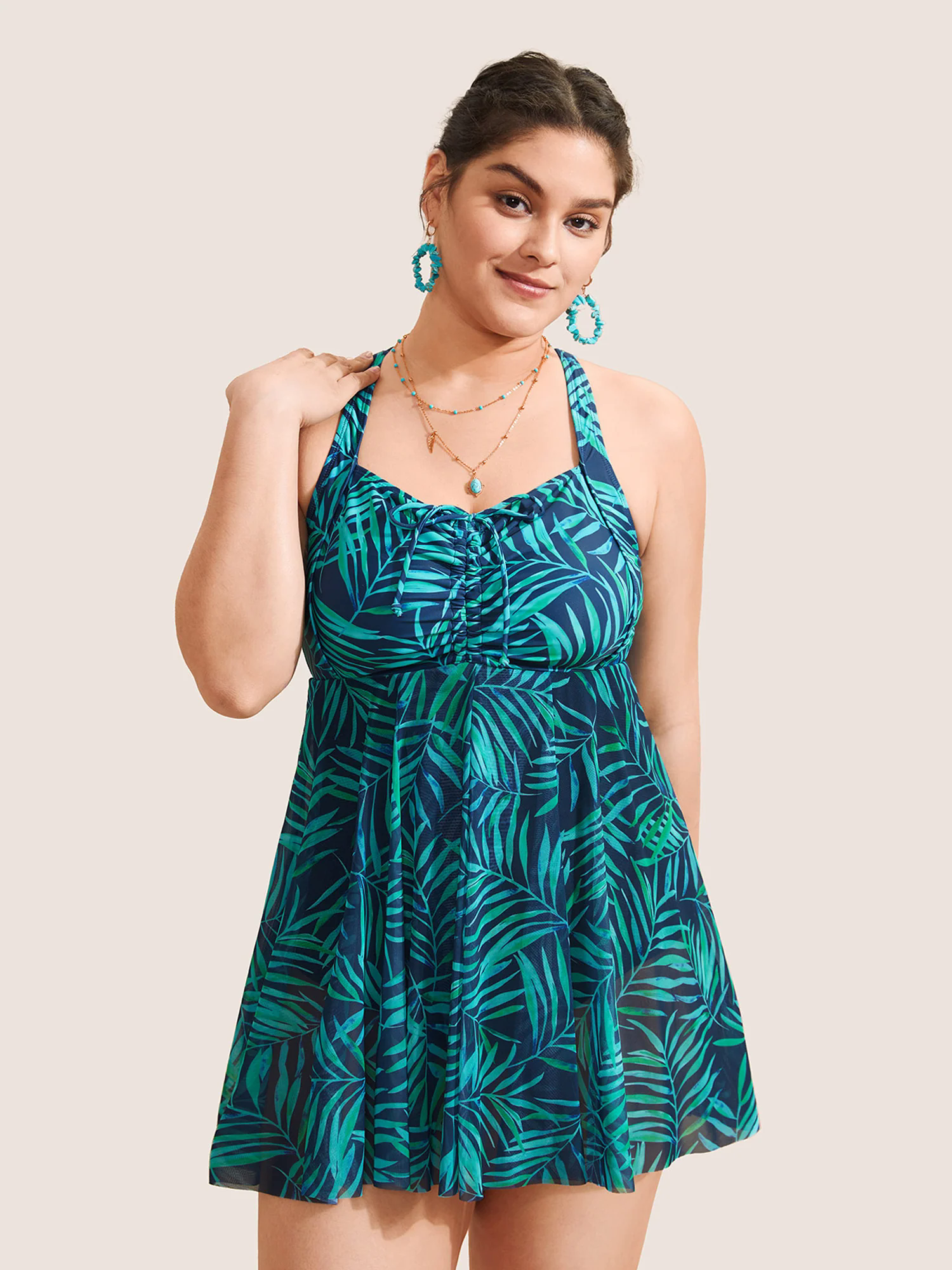 Tropical Plant Print Drawstring Swim Dress Tropical Plant Print Drawstring Swim Dress