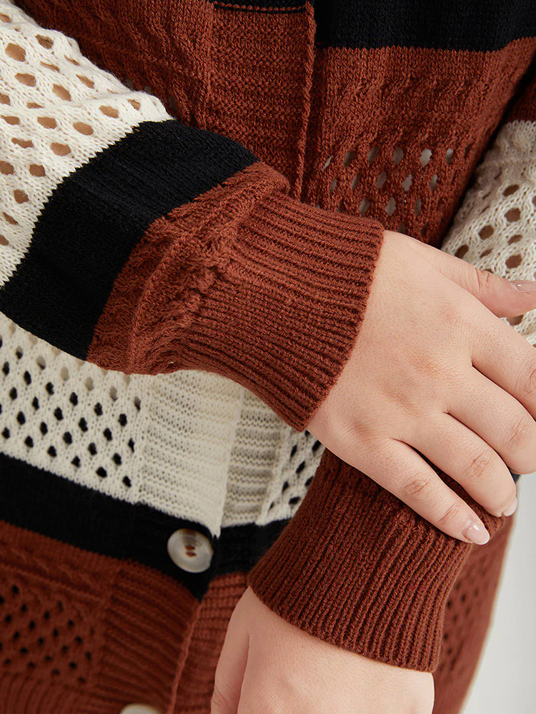 Colorblock Contrast Geo Eyelet Button Through Cardigan
