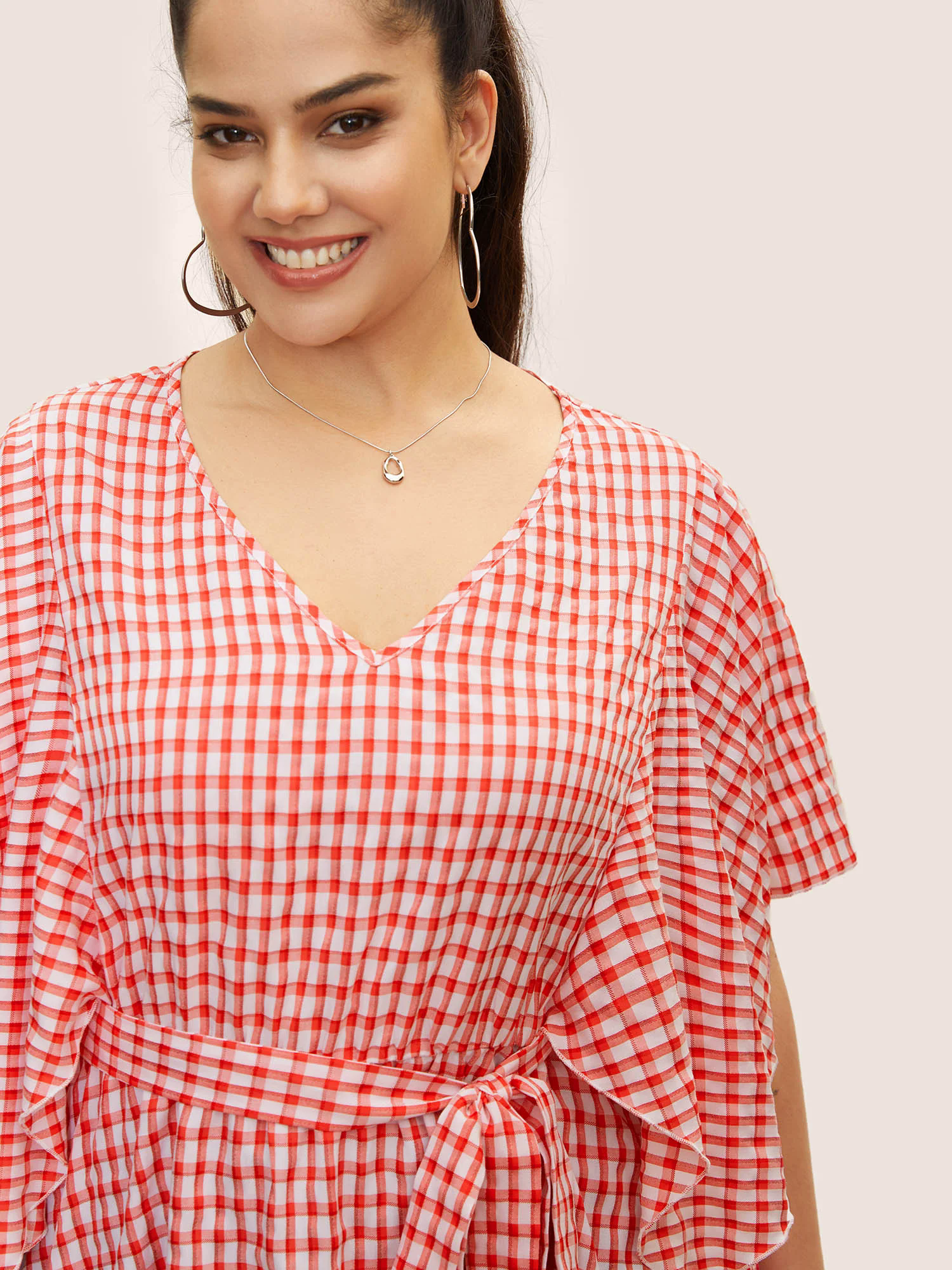V Neck Gingham Tie Knot Ruffles Blouse V Neck Gingham Tie Knot Ruffles Blouse