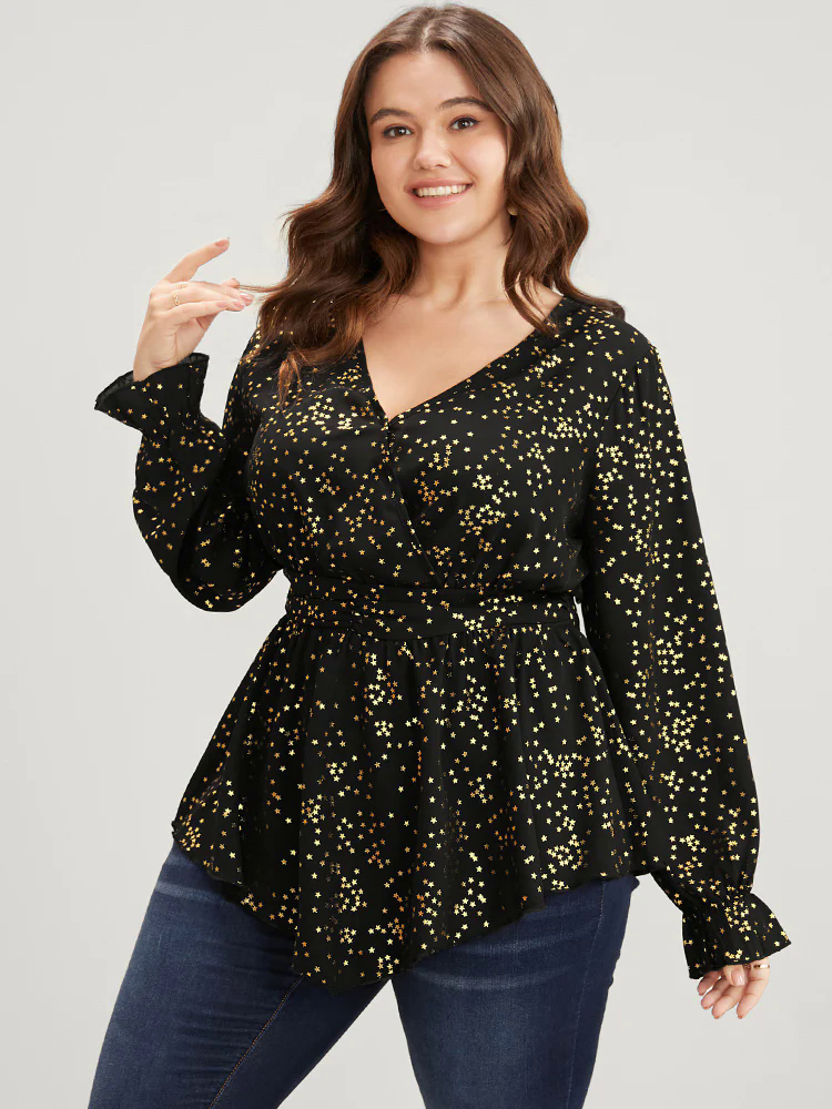Star Print Lantern Sleeve Asymmetrical Ruffles Hem Wrap Blouse Star Print Lantern Sleeve Asymmetrical Ruffles Hem Wrap Blouse