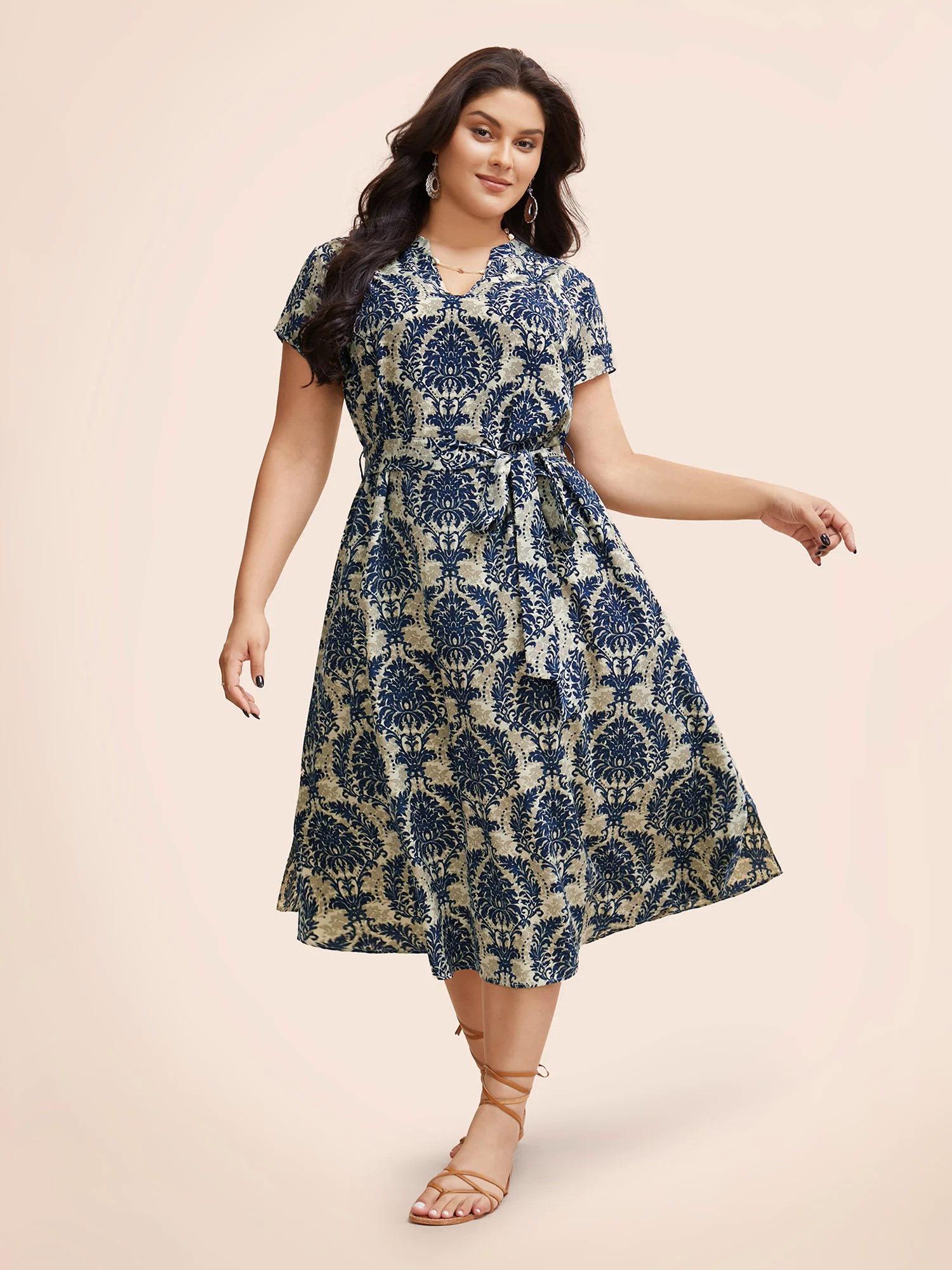 Boho Print Cap Sleeve Belted Dress Boho Print Cap Sleeve Belted Dress