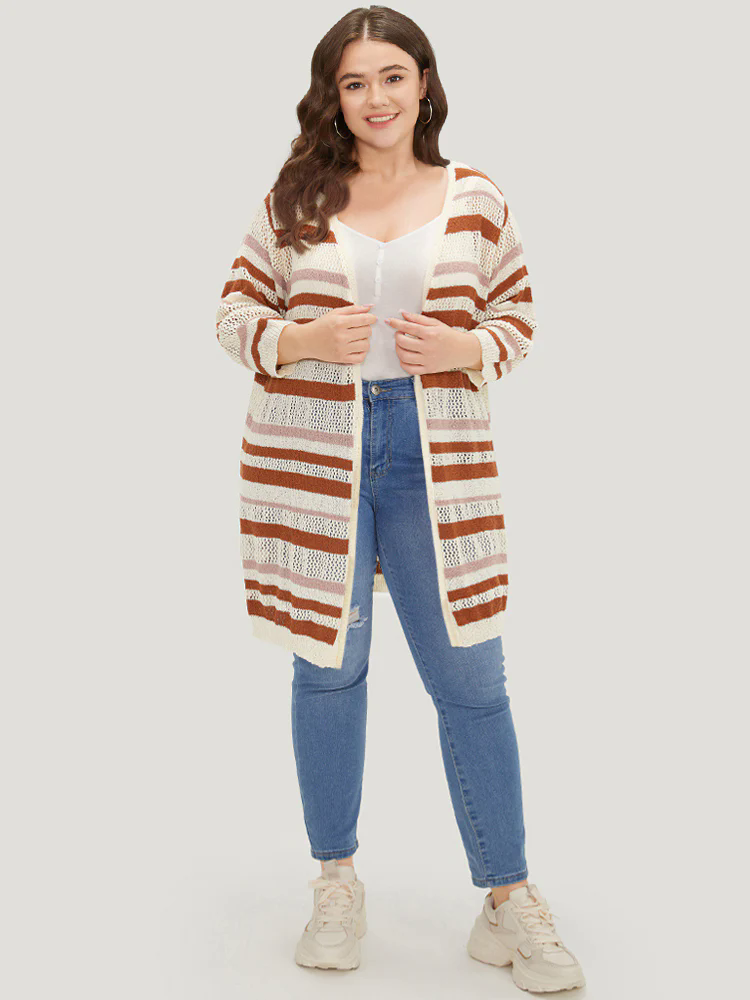 Striped Hollow Out Open Front Split Hem Cardigan