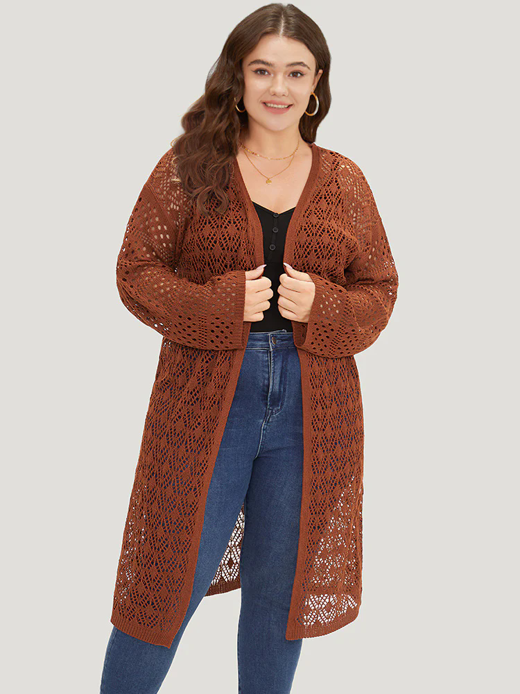 Plain Hollow Out Split Side Maxi Cardigan