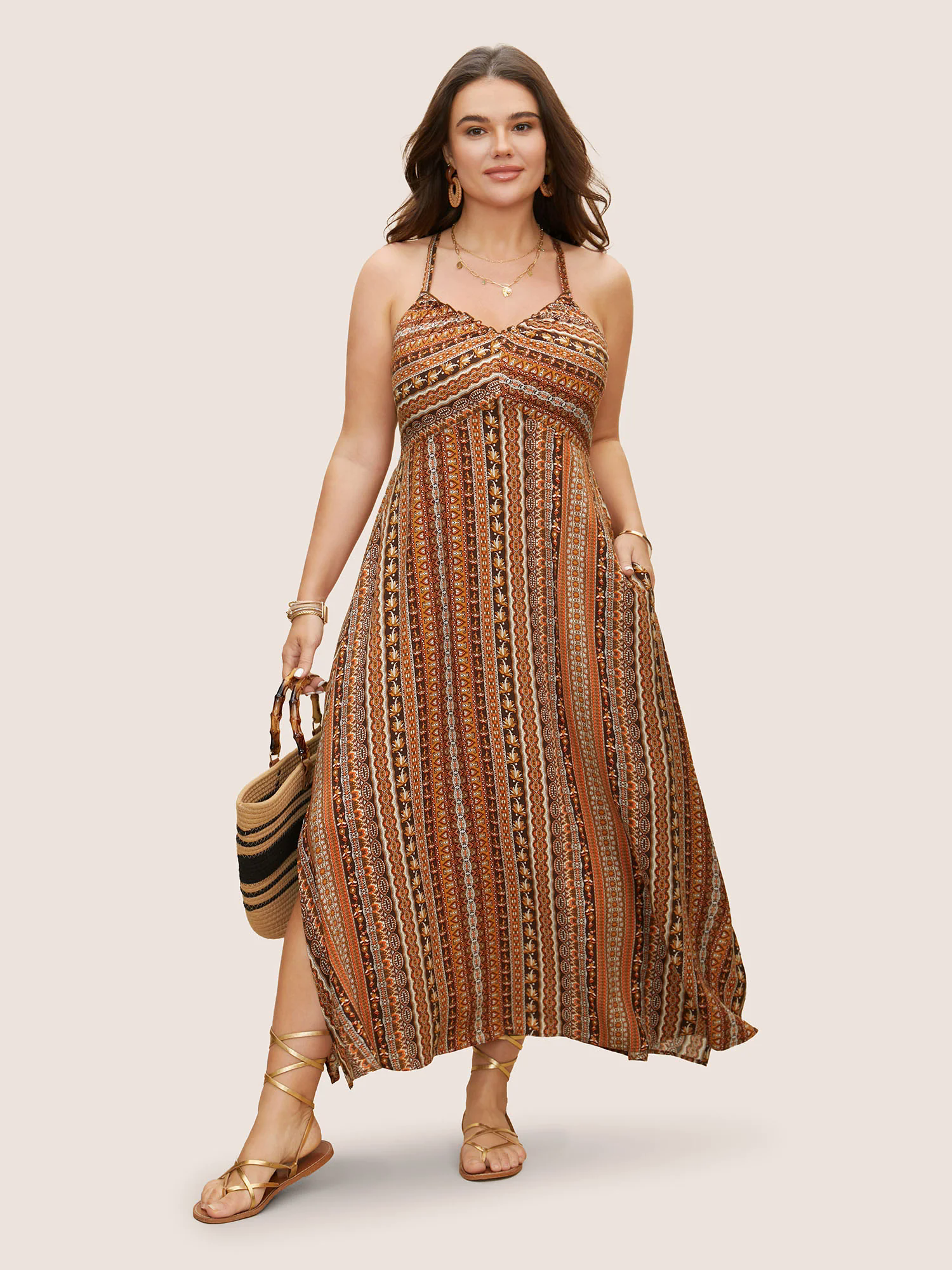 Boho Print Elastic Waist Split Hem Cami Dress