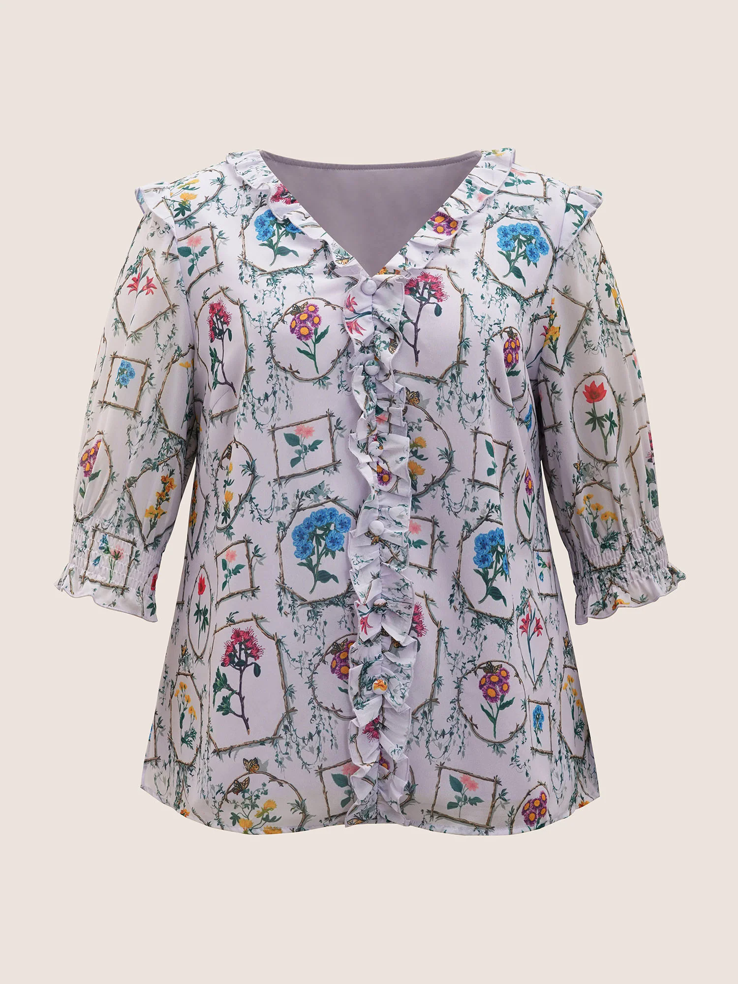 Boho Print Lantern Sleeve Ruffle Trim Blouse