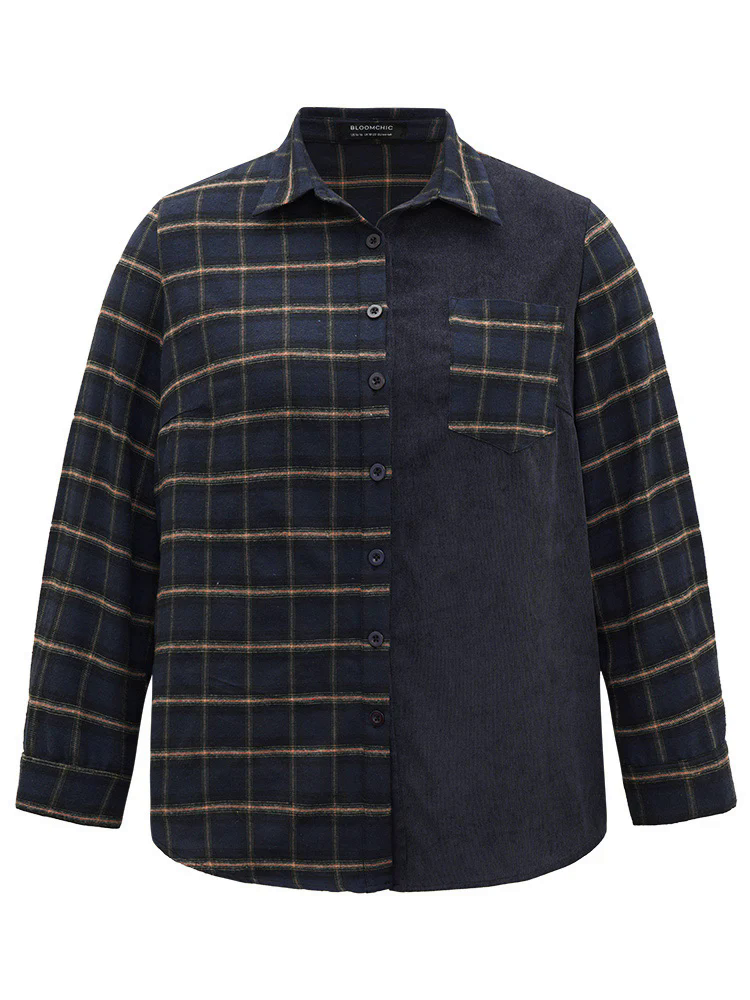 Shirt Collar Plaid Patchwork Pocket Blouse Shirt Collar Plaid Patchwork Pocket Blouse