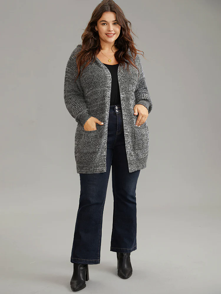 Heather Hooded Patched Pocket Open Front Tunic Cardigan Heather Hooded Patched Pocket Open Front Tunic Cardigan