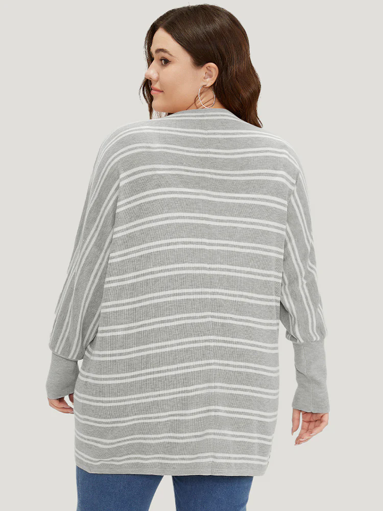 Striped Elastic Cuffs Arc Hem Cardigan Striped Elastic Cuffs Arc Hem Cardigan