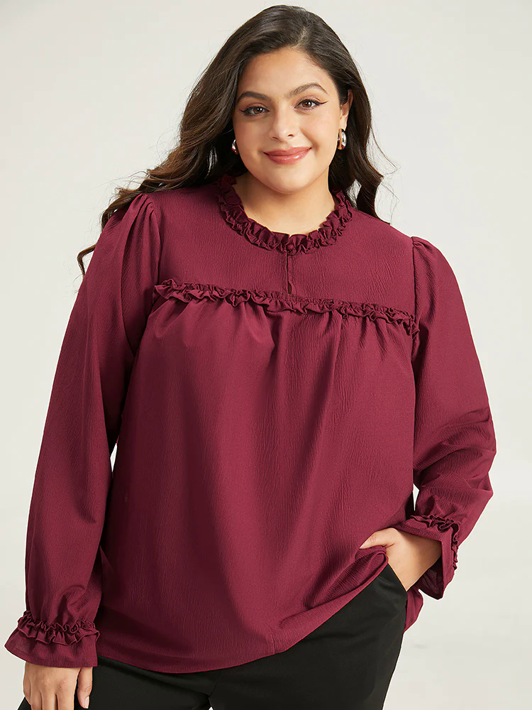 Solid Frill Trim Puff Sleeve Blouse Solid Frill Trim Puff Sleeve Blouse