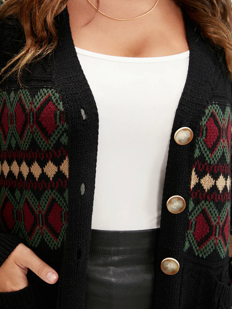 Geometric Contrast Pointelle Knit Pocket Jacquard Button Front Cardigan Geometric Contrast Pointelle Knit Pocket Jacquard Button Front Cardigan