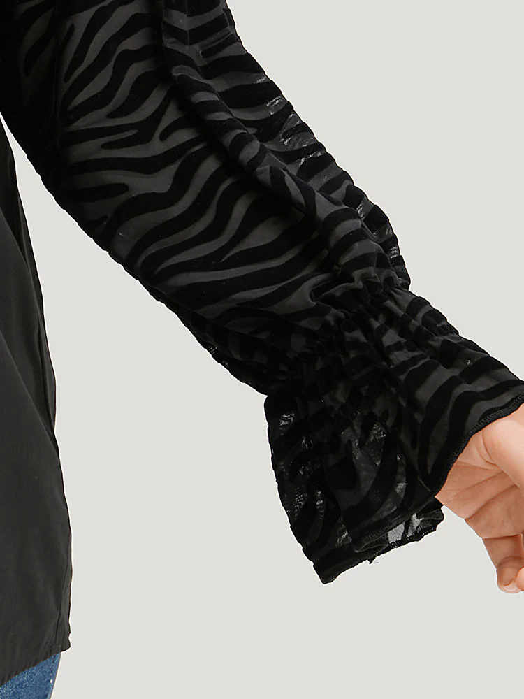 Halloween Zebra Print Tie Neck Frill Trim Patchwork Blouse Halloween Zebra Print Tie Neck Frill Trim Patchwork Blouse