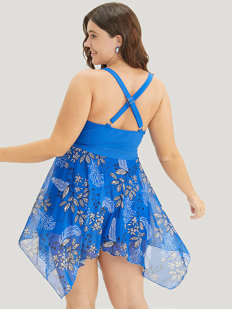 Floral Drawstring Crisscross Back Hanky Hem Swim Dress