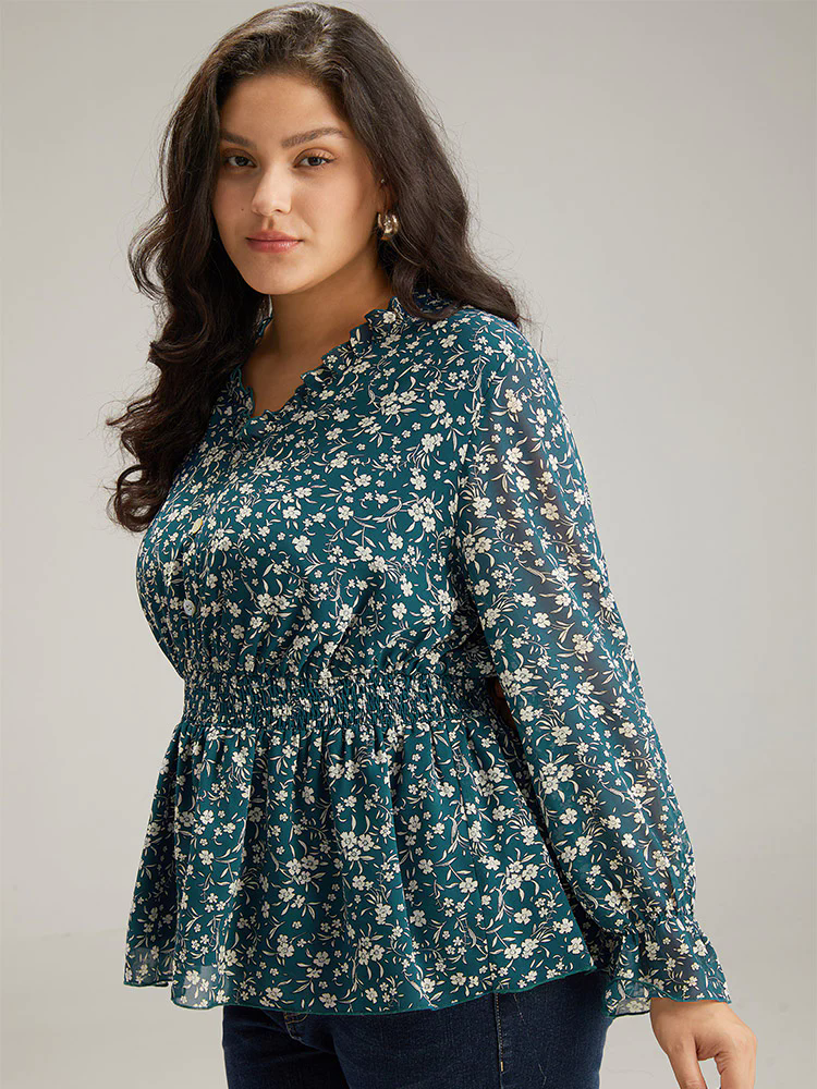 Ditsy Floral Chiffon Shirred Ruffles Frill Trim Blouse Ditsy Floral Chiffon Shirred Ruffles Frill Trim Blouse