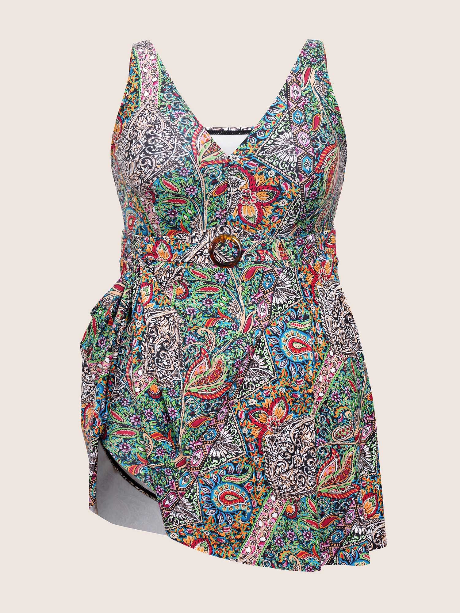 Bandana Print Buckle Detail Gathered Swim Dress