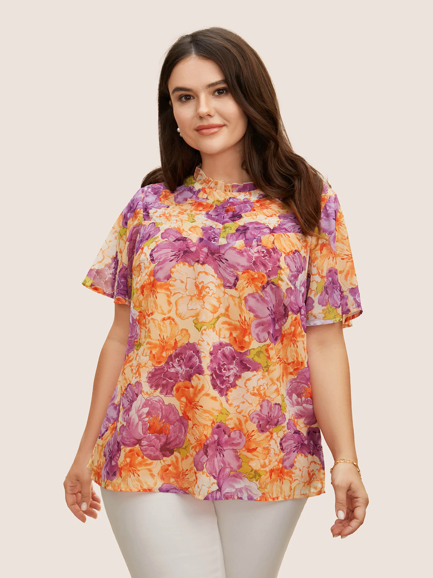 Mock Neck Contrast Floral Flutter Sleeve Blouse Mock Neck Contrast Floral Flutter Sleeve Blouse