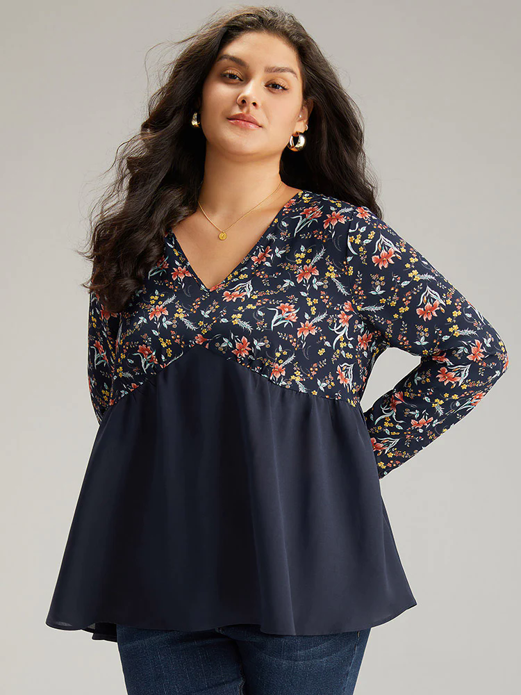 Floral Print Patchwork Pleated Blouse Floral Print Patchwork Pleated Blouse