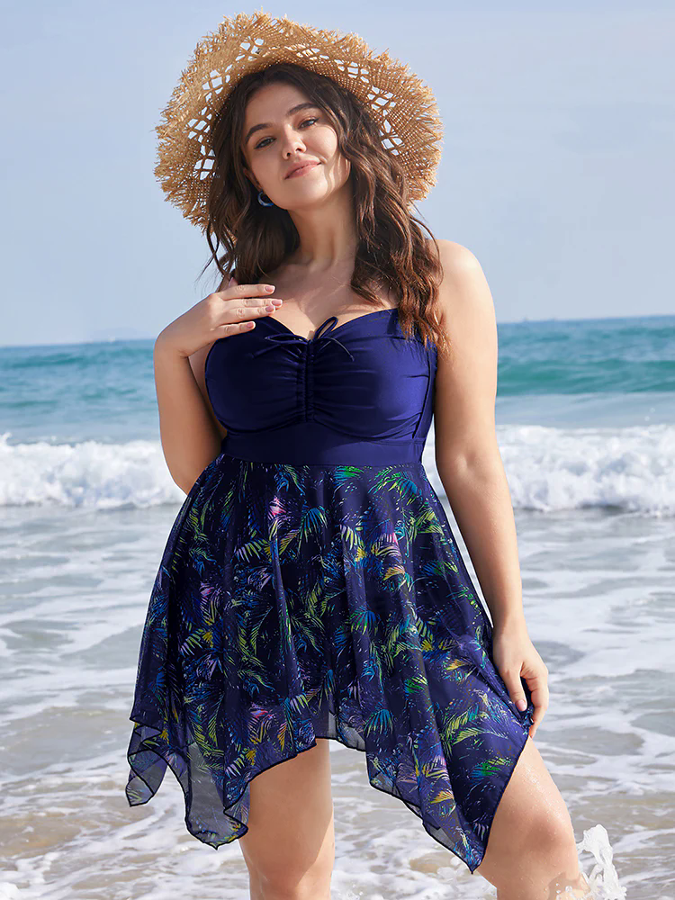 Tropical Ruched Ties Hanky Hem Crisscross Swim Dress Tropical Ruched Ties Hanky Hem Crisscross Swim Dress