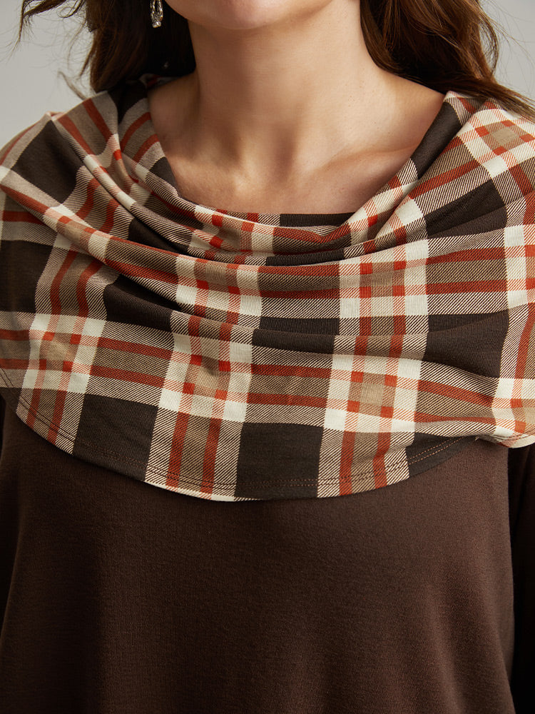 Halloween Plaid Patchwork Cowl Neck T-shirt