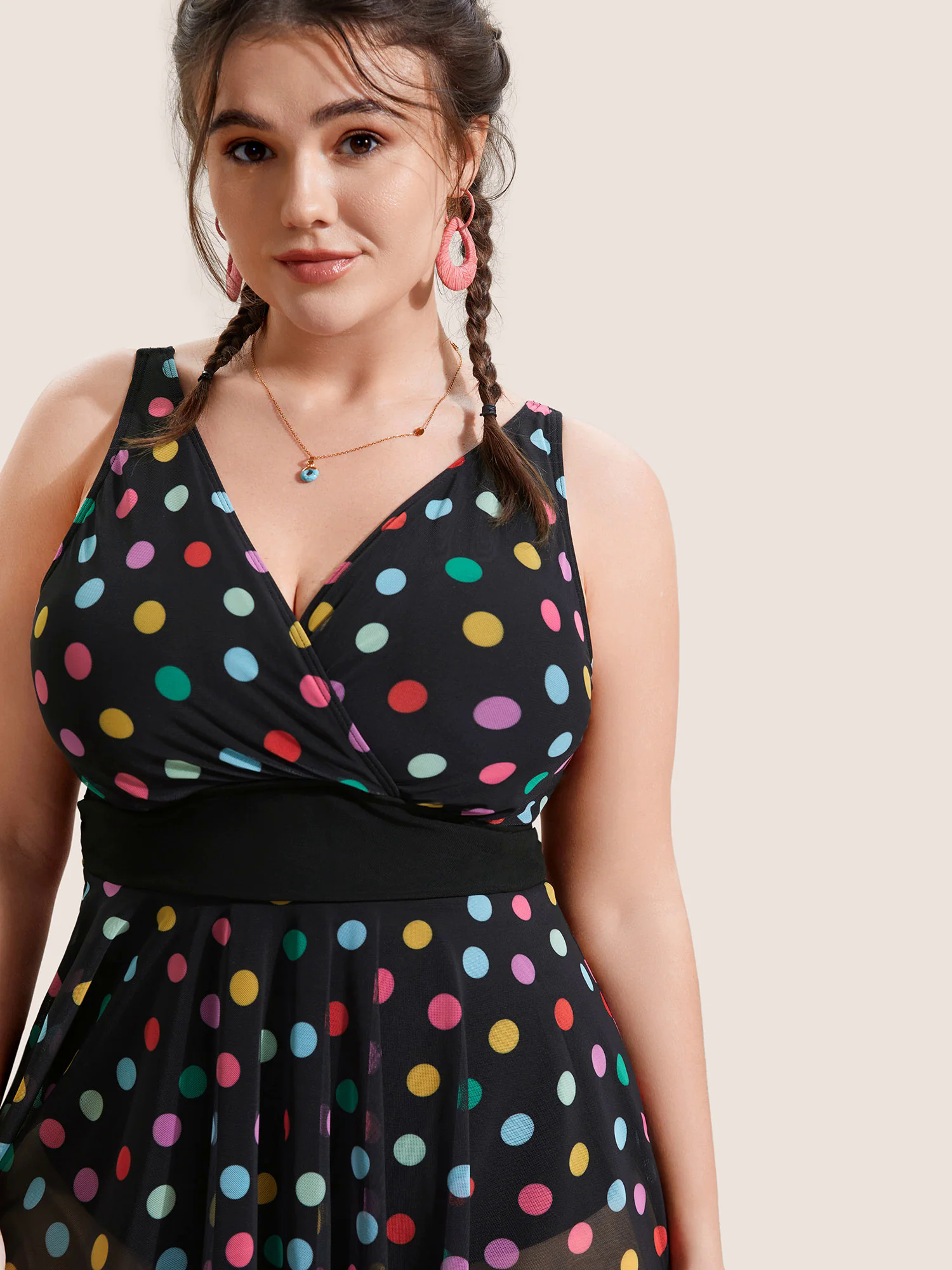 Overlap Collar Colored Polka Dot Swim Dress