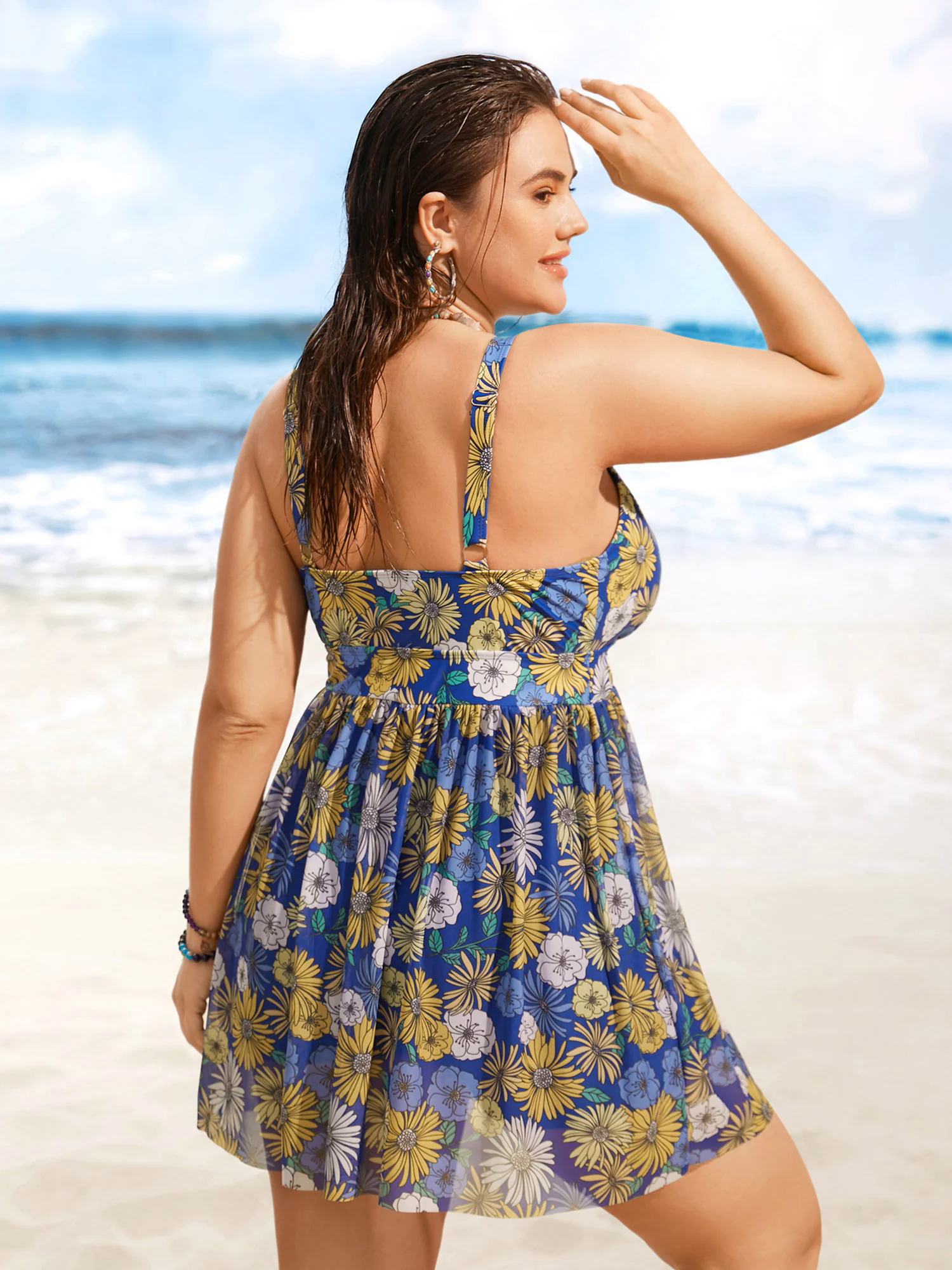 Overlap Collar Floral Mesh Split Side Swim Dress Overlap Collar Floral Mesh Split Side Swim Dress