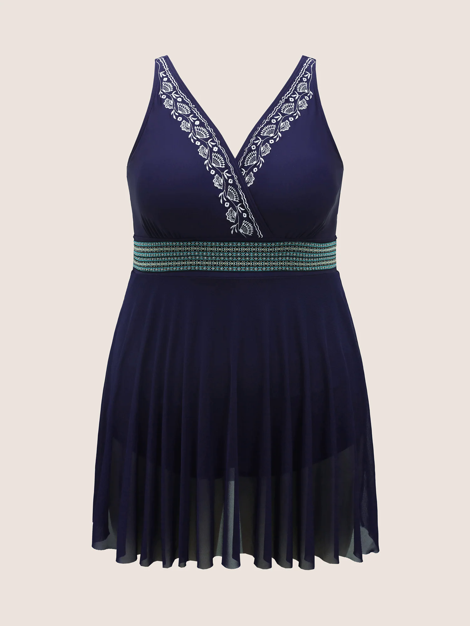 Overlap Collar Floral Embroidered Contrast Webbing Swim Dress Overlap Collar Floral Embroidered Contrast Webbing Swim Dress
