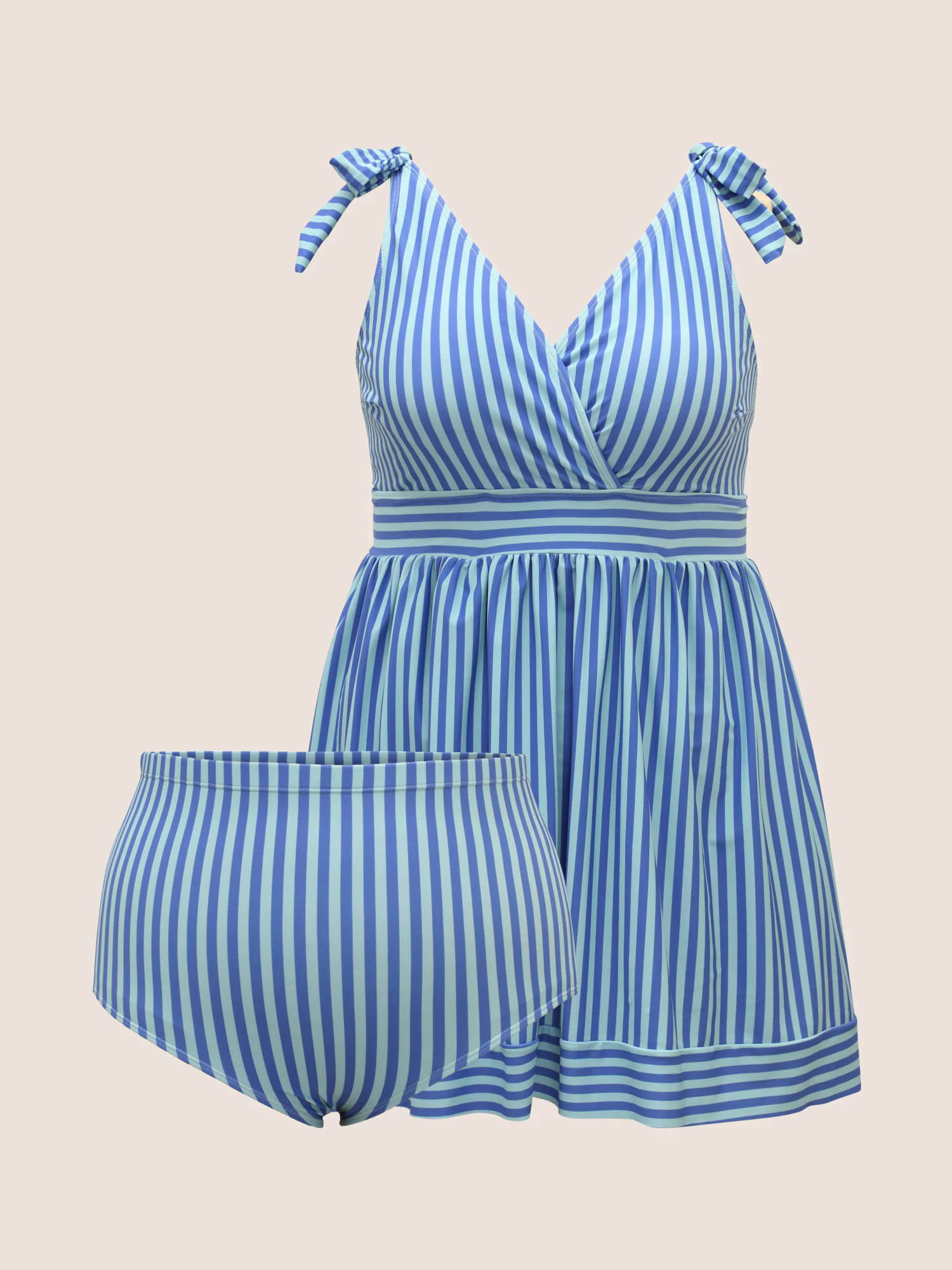 V Neck Striped Tie Knot Gathered Swim Dress V Neck Striped Tie Knot Gathered Swim Dress
