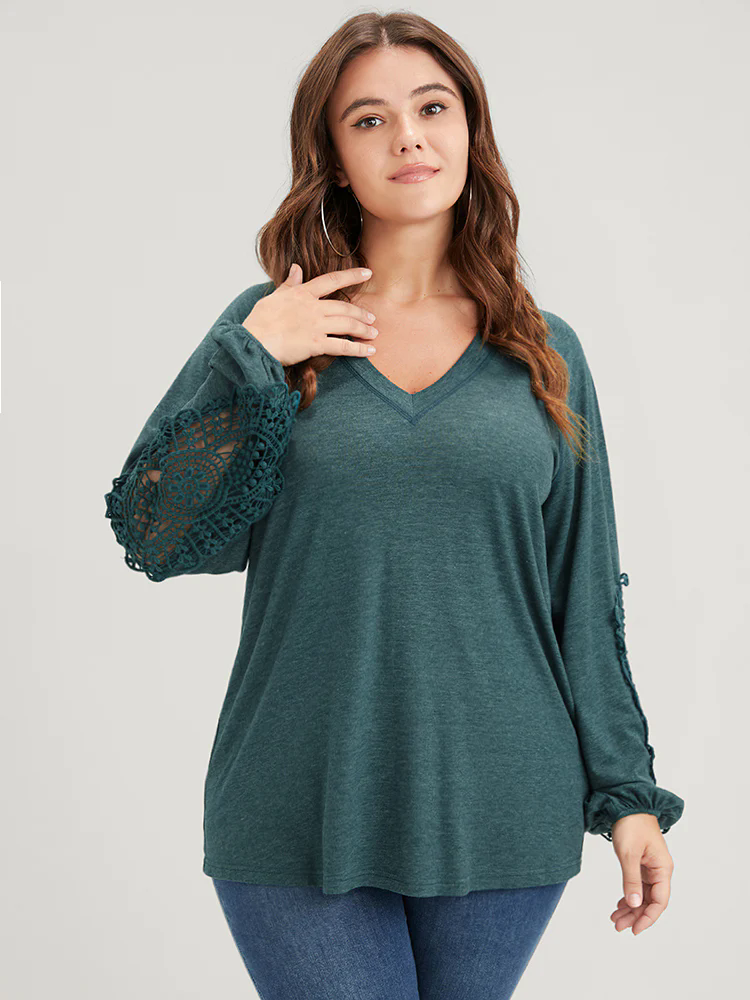 Solid Cut Out Eyelet Lace Long Tee