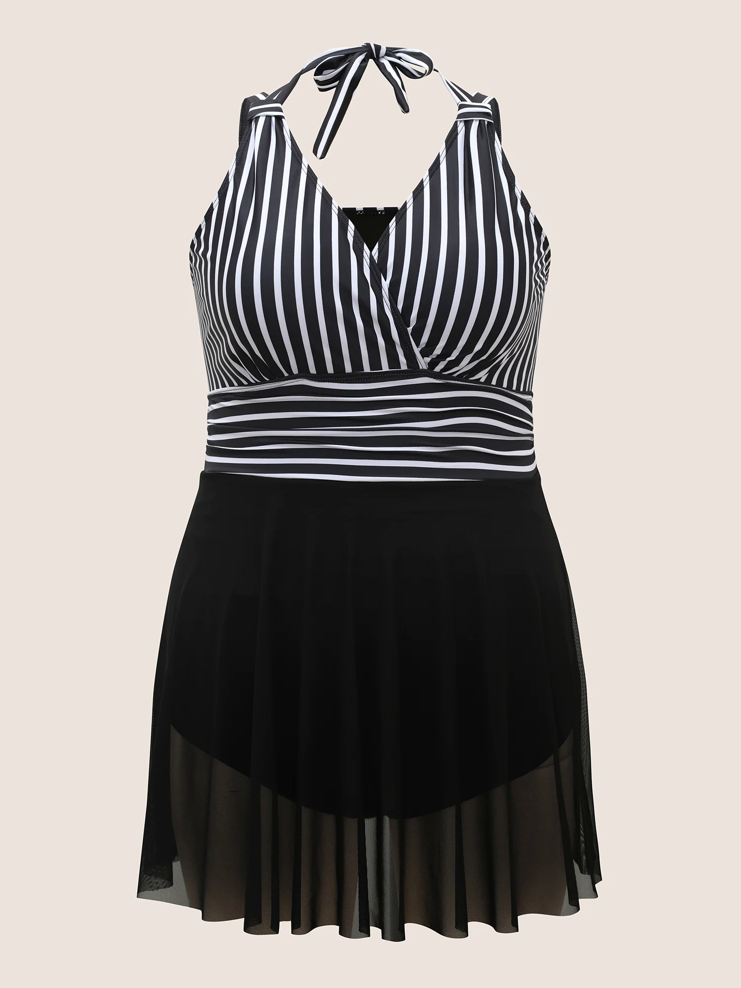 Striped Patchwork Mesh Tie Knot Swim Dress Striped Patchwork Mesh Tie Knot Swim Dress
