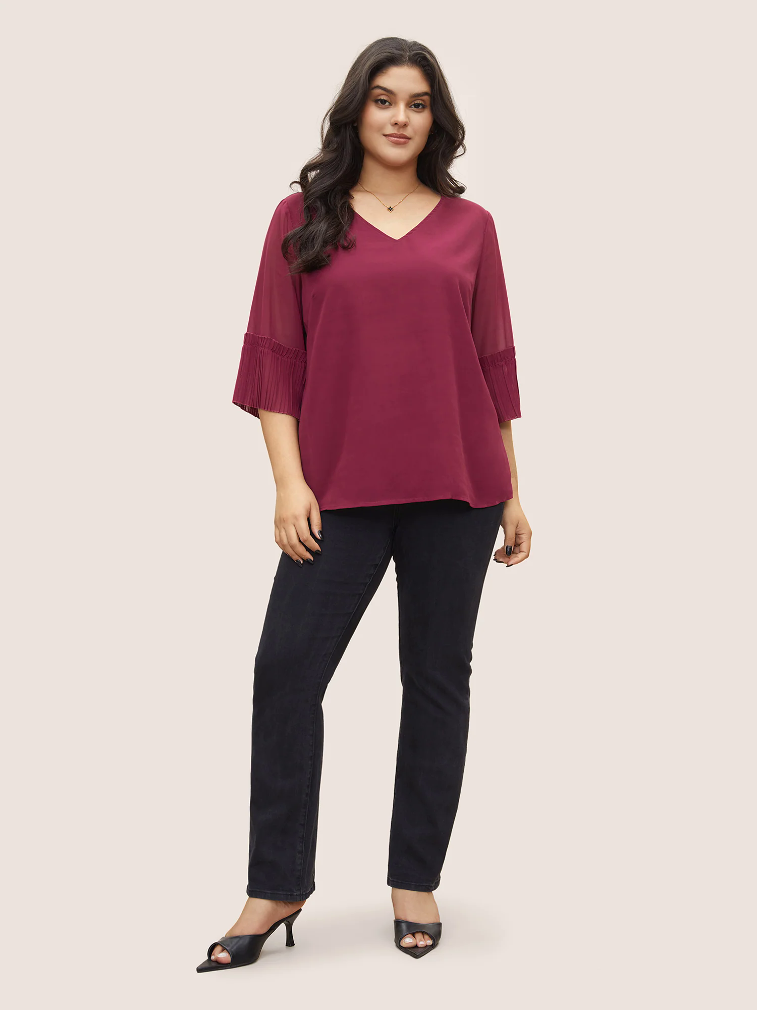 Solid Pleated Patchwork Mesh Bell Sleeve Blouse Solid Pleated Patchwork Mesh Bell Sleeve Blouse