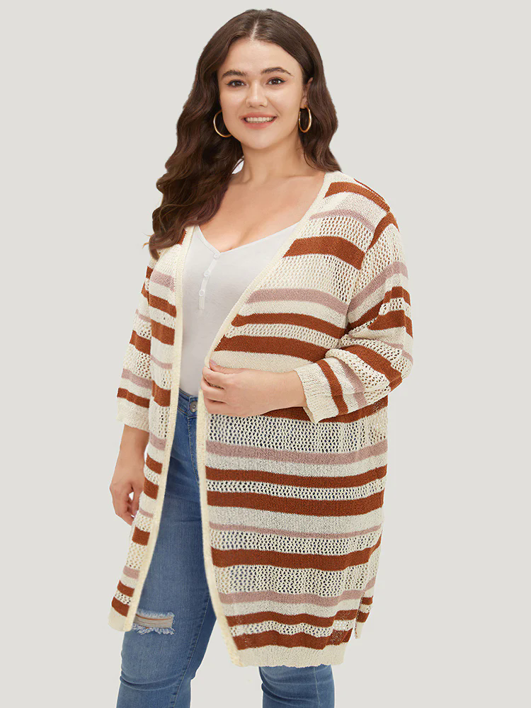 Striped Hollow Out Open Front Split Hem Cardigan