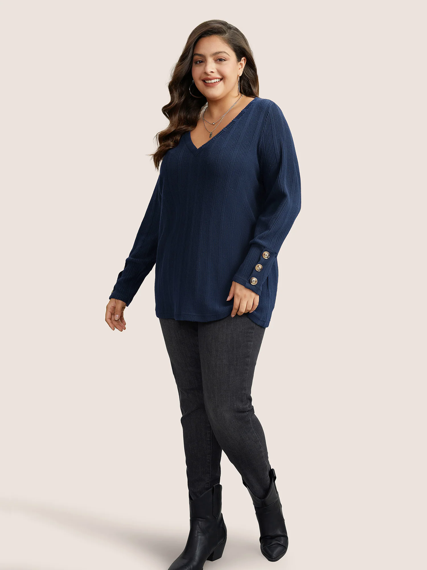 Rib Knit V Neck Button Detail T-shirt Rib Knit V Neck Button Detail T-shirt