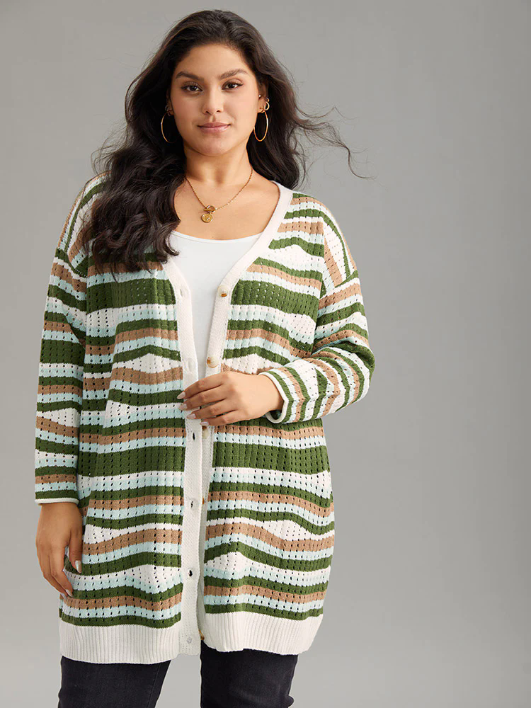 Striped Contrast Button Up Hollow Out Cardigan Striped Contrast Button Up Hollow Out Cardigan