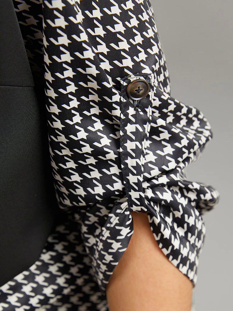 Twill Houndstooth Tab Sleeve Patchwork Blouse Twill Houndstooth Tab Sleeve Patchwork Blouse