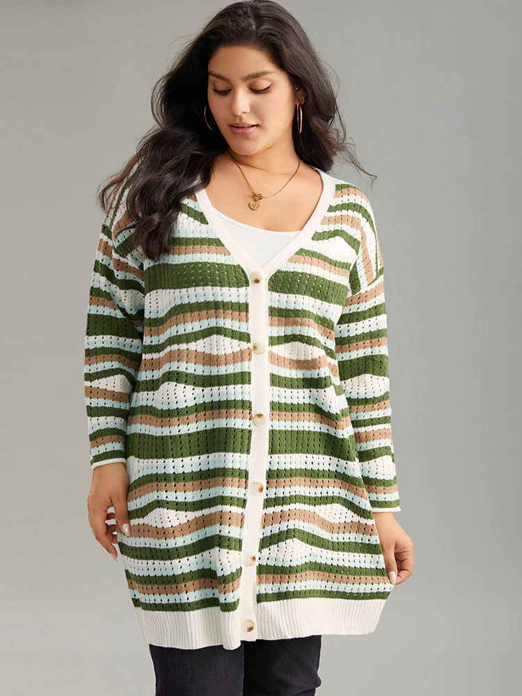 Striped Contrast Button Up Hollow Out Cardigan Striped Contrast Button Up Hollow Out Cardigan