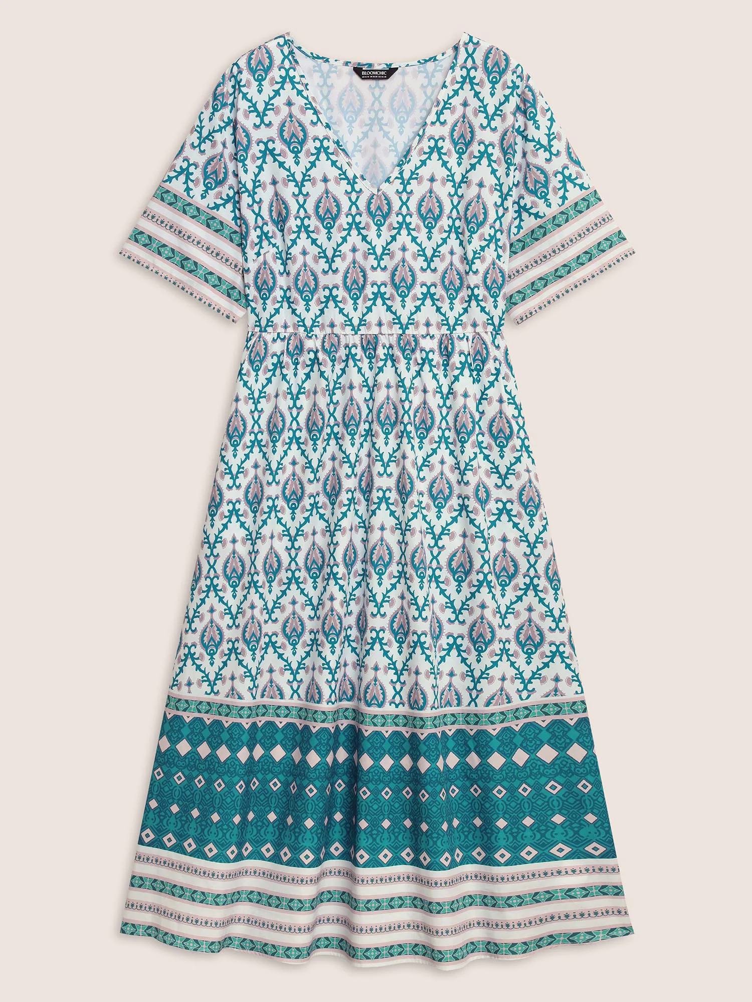 V Neck Boho Print Ruffle Sleeve Midi Dress