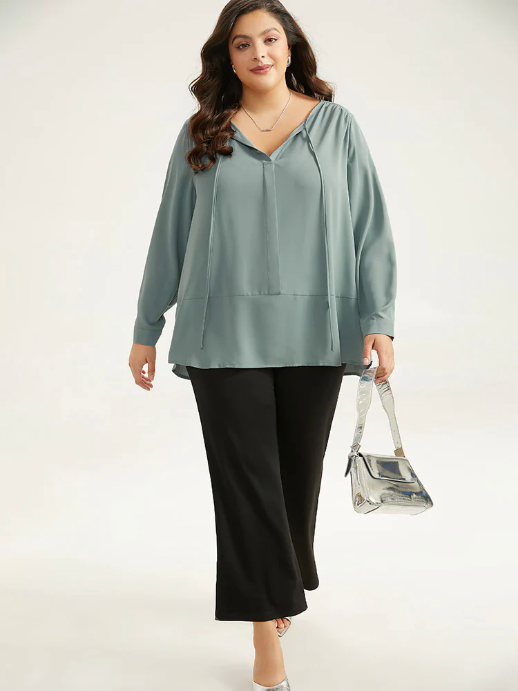 Anti-Wrinkle Solid Tie Neck Gathered Blouse Anti-Wrinkle Solid Tie Neck Gathered Blouse