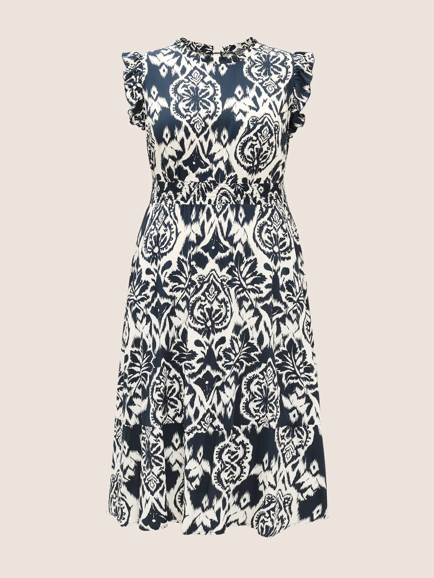 Boho Print Mock Neck Shirred Ruffle Cap Sleeve Dress Boho Print Mock Neck Shirred Ruffle Cap Sleeve Dress