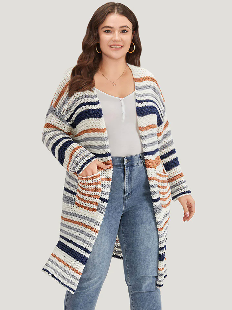 Contrast Striped Patched Pocket Split Side Cardigan Contrast Striped Patched Pocket Split Side Cardigan