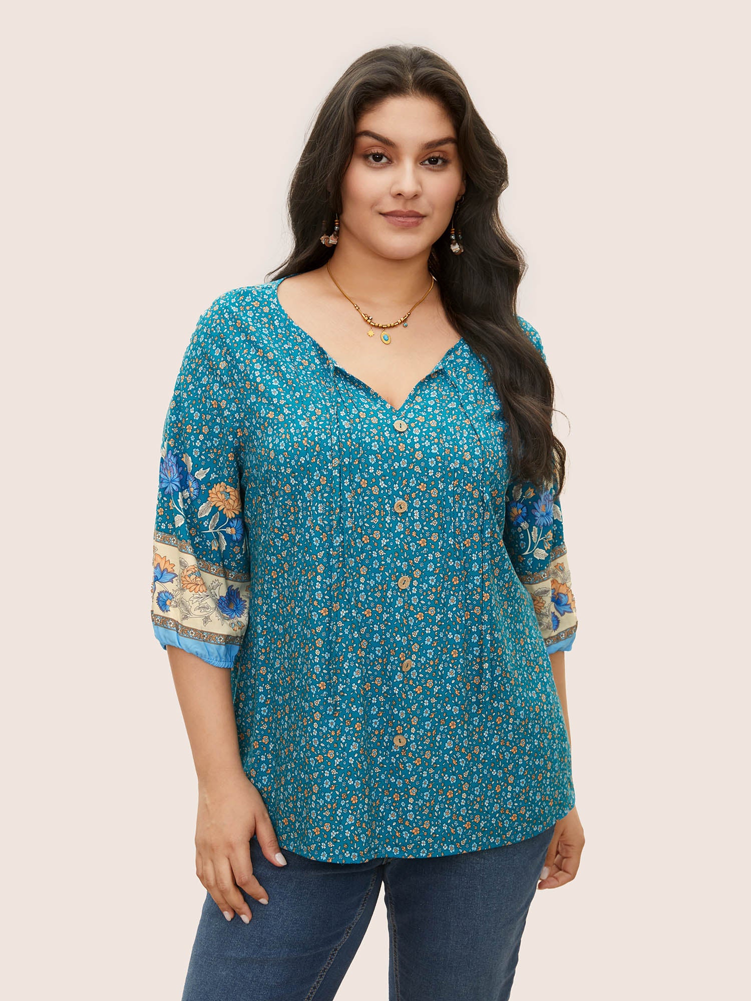 Boho Print Pleated Button Detail Tie Neck Blouse