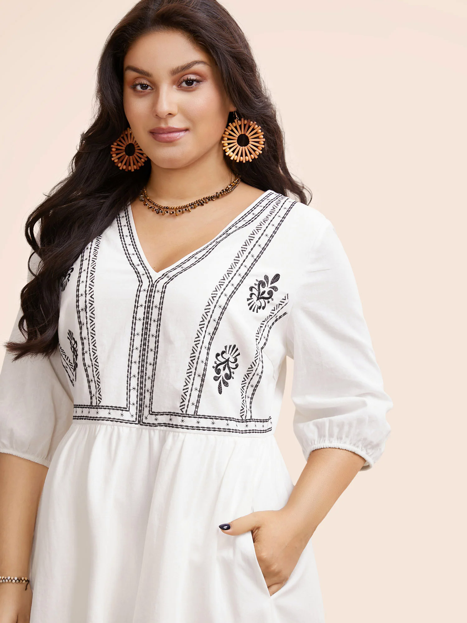 Boho Embroidered Elastic Waist Lantern Sleeve Dress Boho Embroidered Elastic Waist Lantern Sleeve Dress