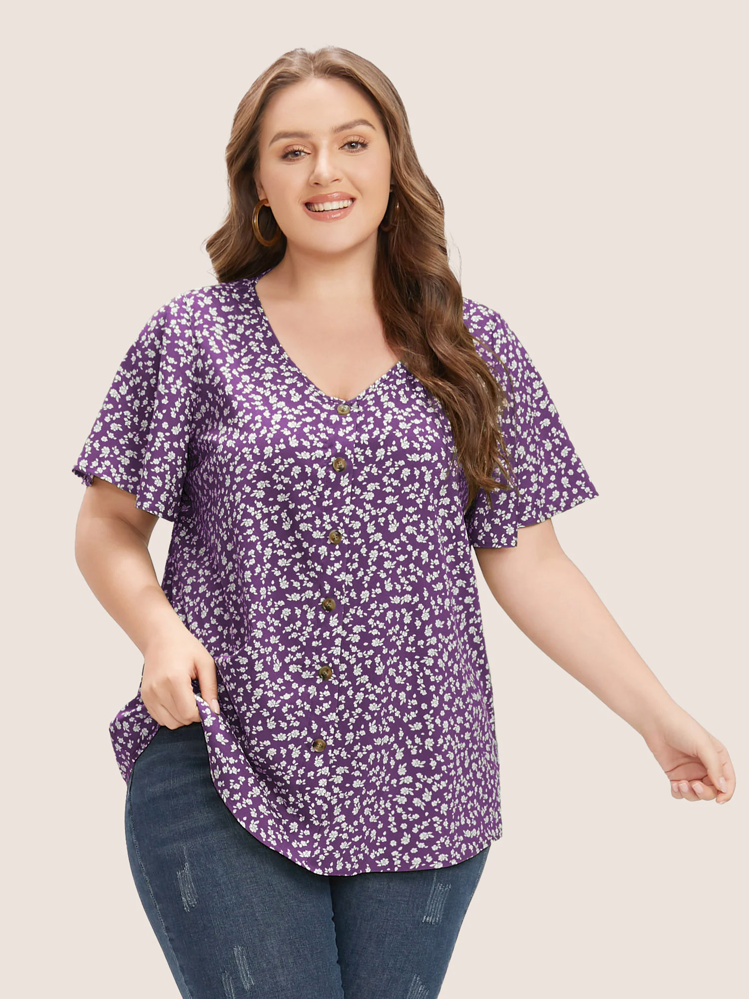 Ditsy Floral Ruffle Sleeve Button Detail Blouse Ditsy Floral Ruffle Sleeve Button Detail Blouse