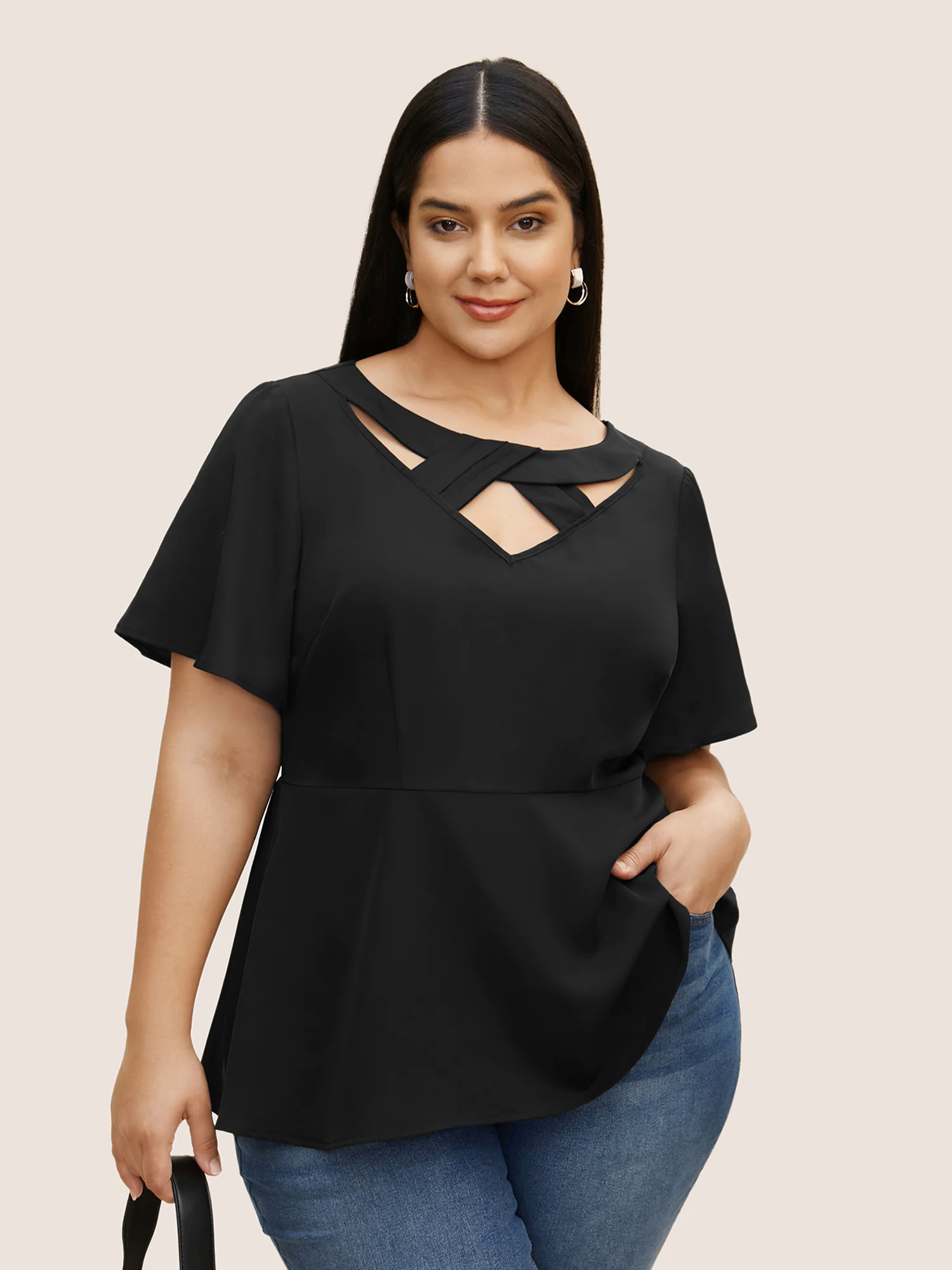 Plain Cut Out Gathered Flutter Sleeve Blouse