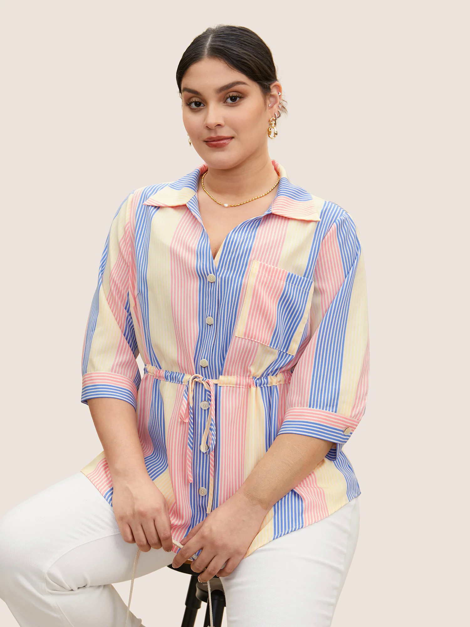 Contrast Striped Drawstring Patched Pocket Blouse Contrast Striped Drawstring Patched Pocket Blouse