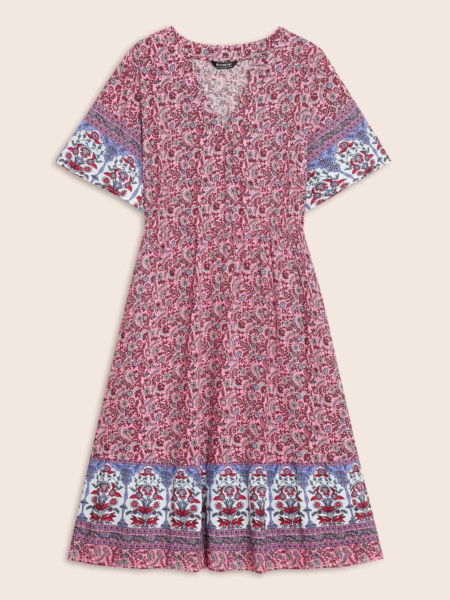 Boho Print Notched Collar Elastic Waist Dress Boho Print Notched Collar Elastic Waist Dress