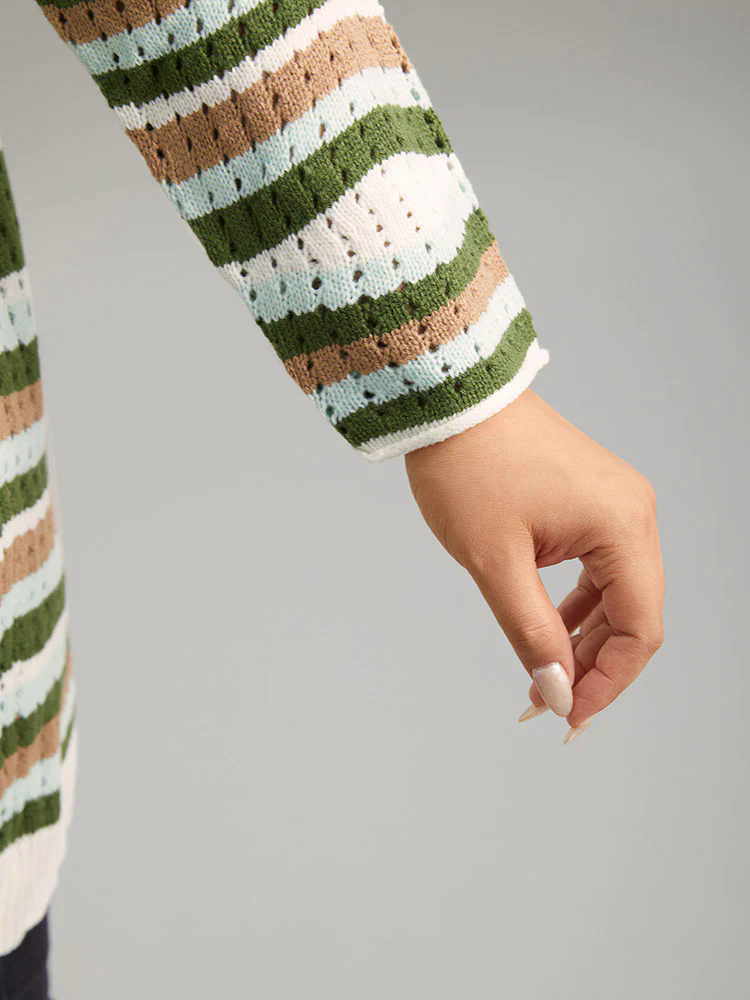 Striped Contrast Button Up Hollow Out Cardigan Striped Contrast Button Up Hollow Out Cardigan