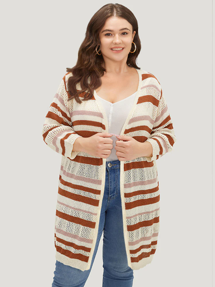 Striped Hollow Out Open Front Split Hem Cardigan