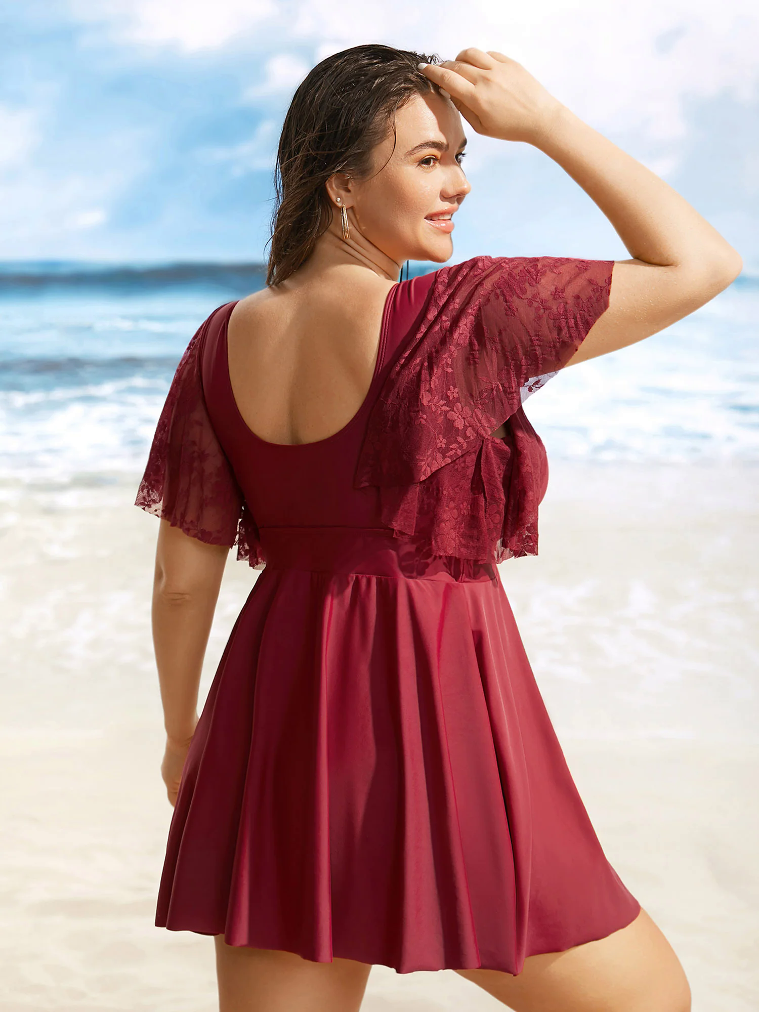 Solid Overlap Collar Lace Patchwork Gathered Swim Dress Solid Overlap Collar Lace Patchwork Gathered Swim Dress
