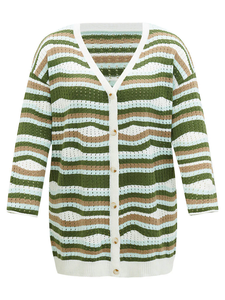 Striped Contrast Button Up Hollow Out Cardigan Striped Contrast Button Up Hollow Out Cardigan