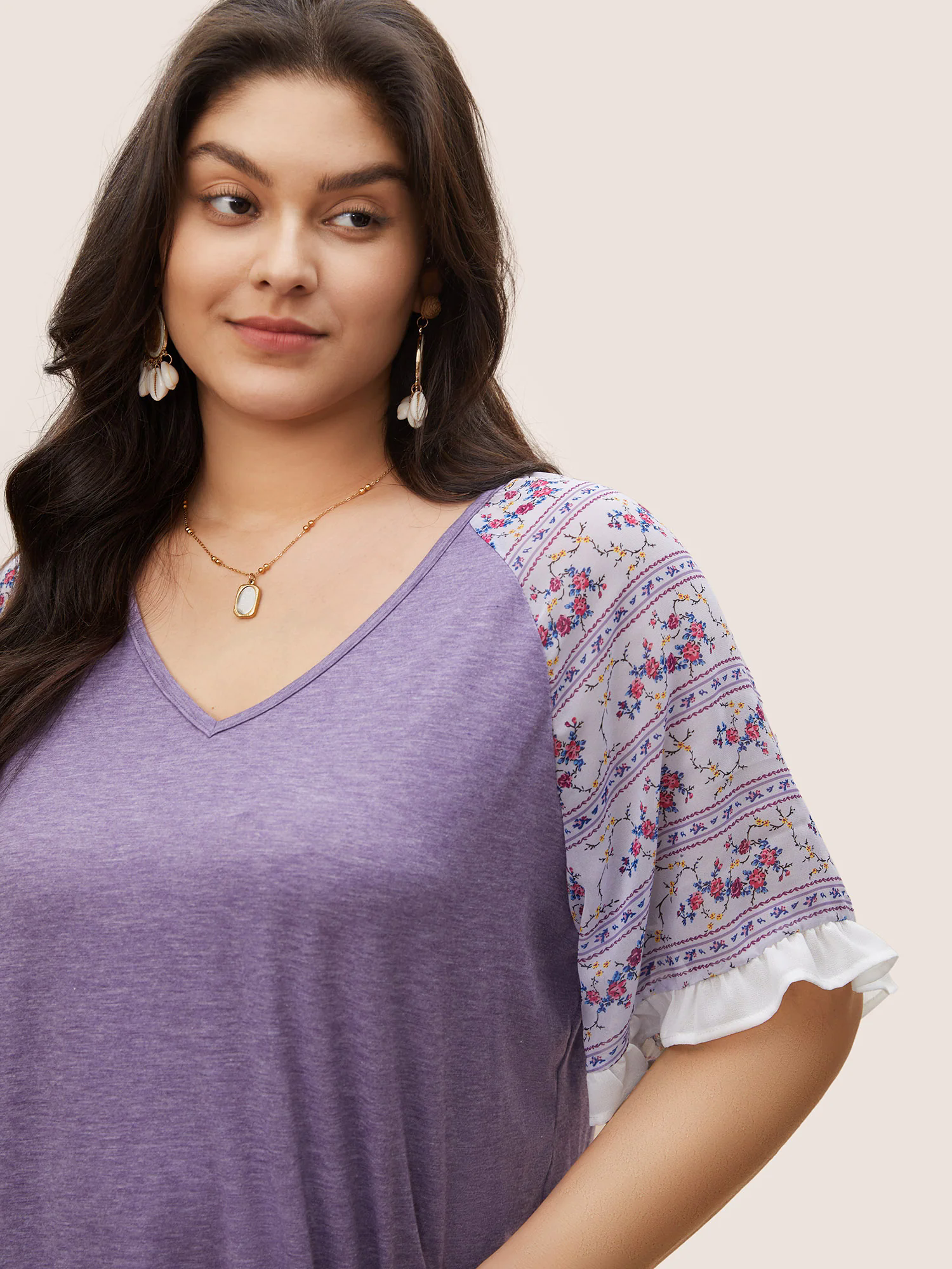 Ditsy Floral Patchwork Frill Trim Raglan Sleeve T-shirt